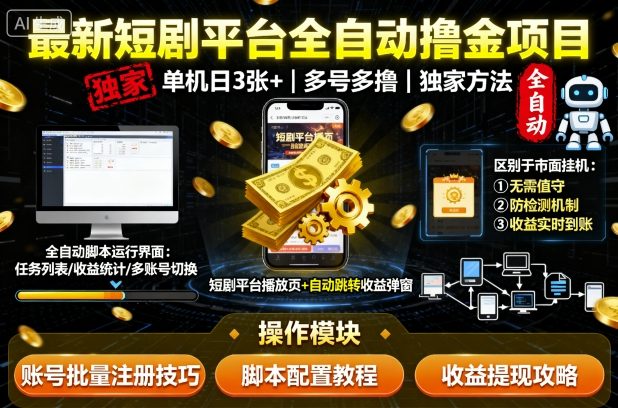 最新短剧平台全自动挂G撸金项目，单机一天3张+，多号多撸，区别于市面所有挂机项目，独家方法【揭秘】-创新研习社