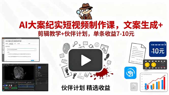 AI大案纪实短视频制作课，文案生成+剪辑教学+伙伴计划，单条收益7-10元-创新研习社