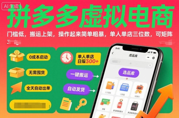 拼多多虚拟电商，门槛低，搬运上架，操作起来简单粗暴，单人单店三位数，可矩阵-创新研习社